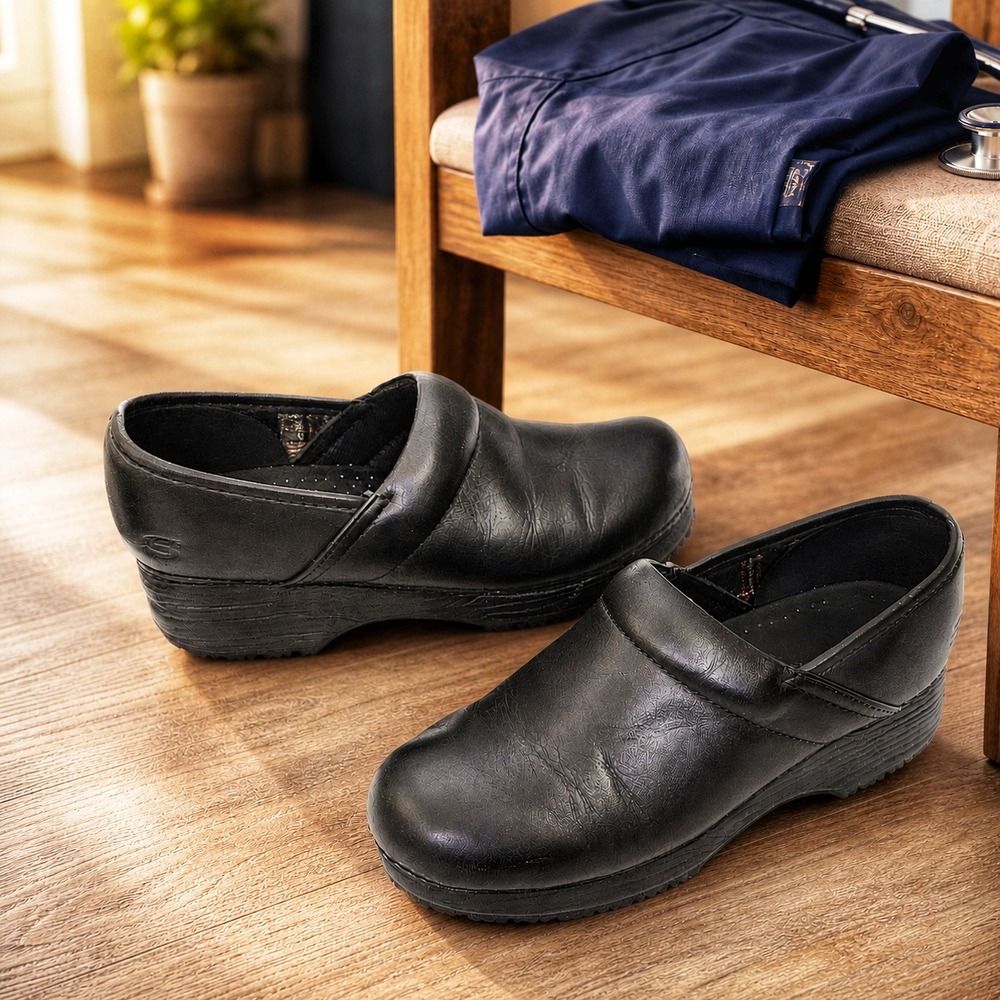 Skechers Work Black Leather Slip Resistant Clogs Professional Shoes Women